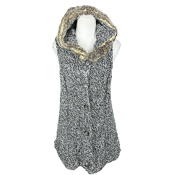 NATURAL REFLECTIONS: Gray Knit Button-Up Faux Fur Hooded Vest -Size Large - Picture 1 of 8